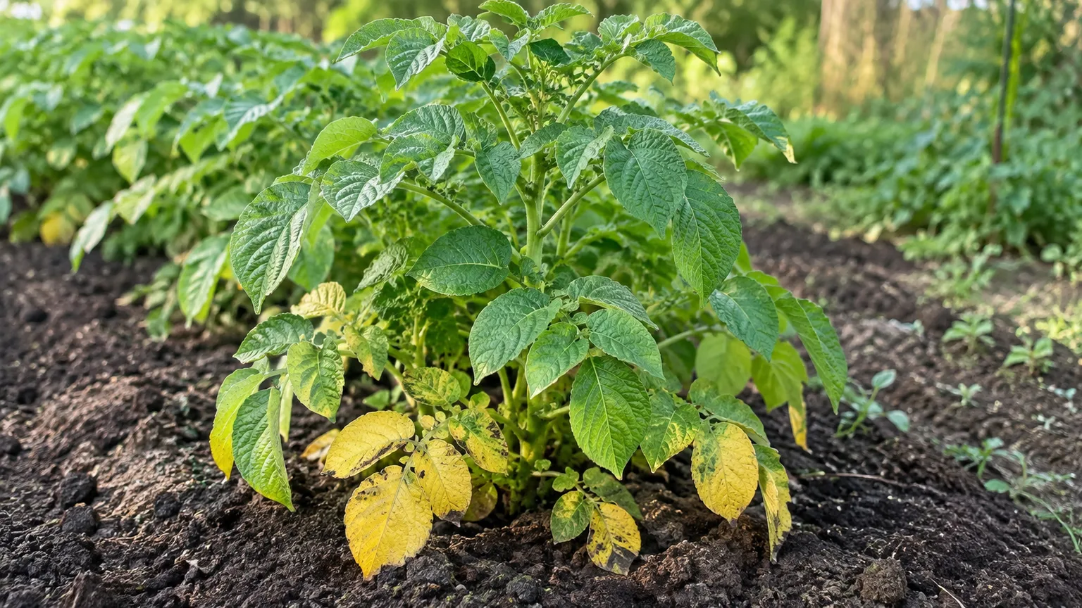 Potato plant with lower leaves yellowing in an outdoor garden row