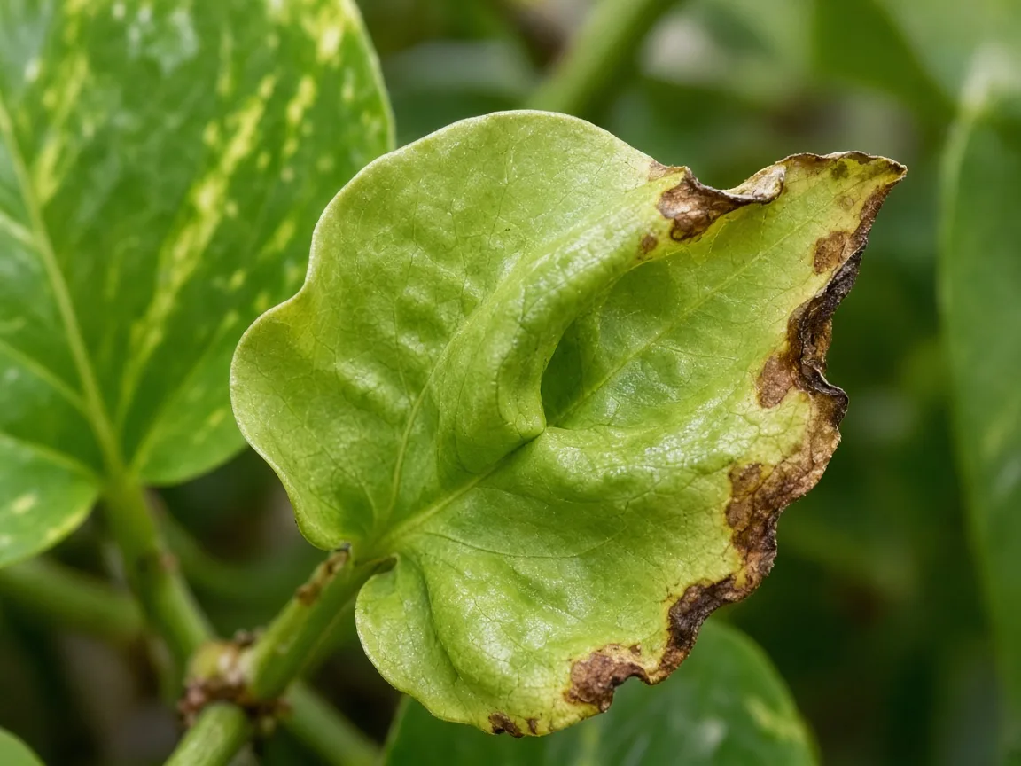 Close-up of calcium deficiency on pothos - crinkled new heart-shaped leaf at vine tip