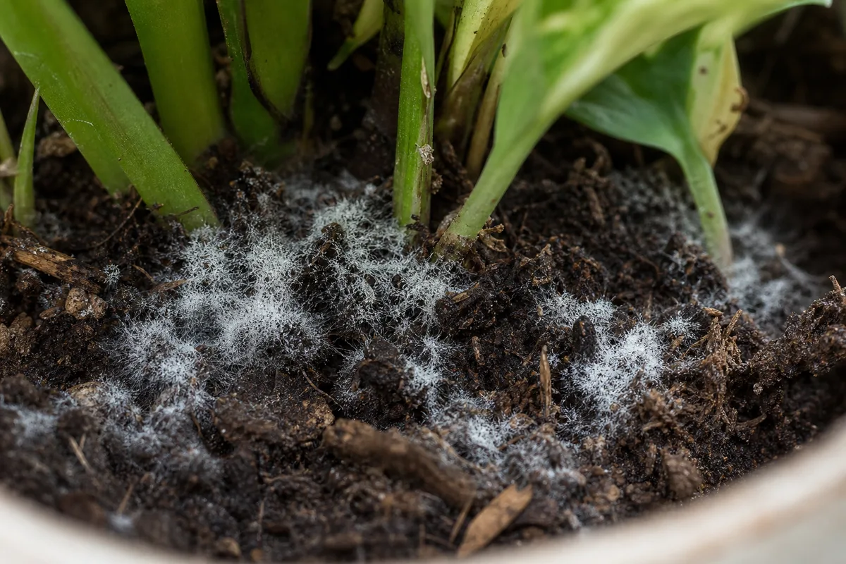 Close-up of Mold on Soil on Pothos - diagnostic detail