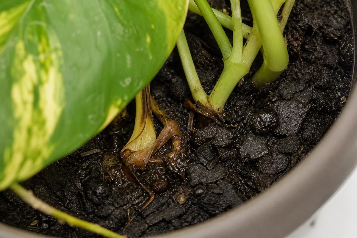 Close-up of Poor Potting Setup on Pothos - diagnostic detail