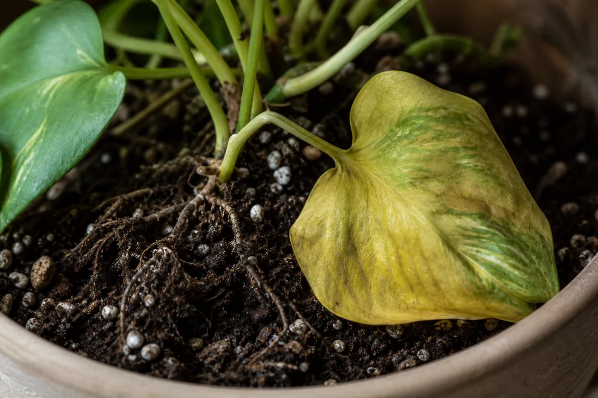 Close-up of Repotting Stress on Pothos - diagnostic detail