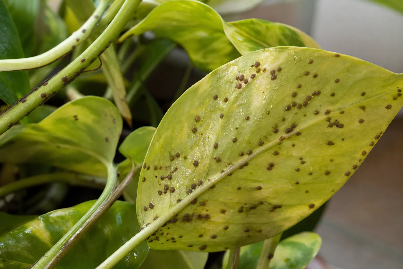 Scale Insects on Pothos - visible symptom on the plant