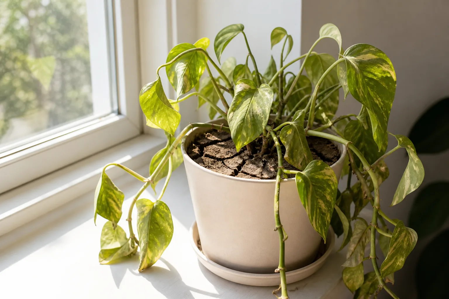 Underwatering on Pothos - visible symptom on the plant
