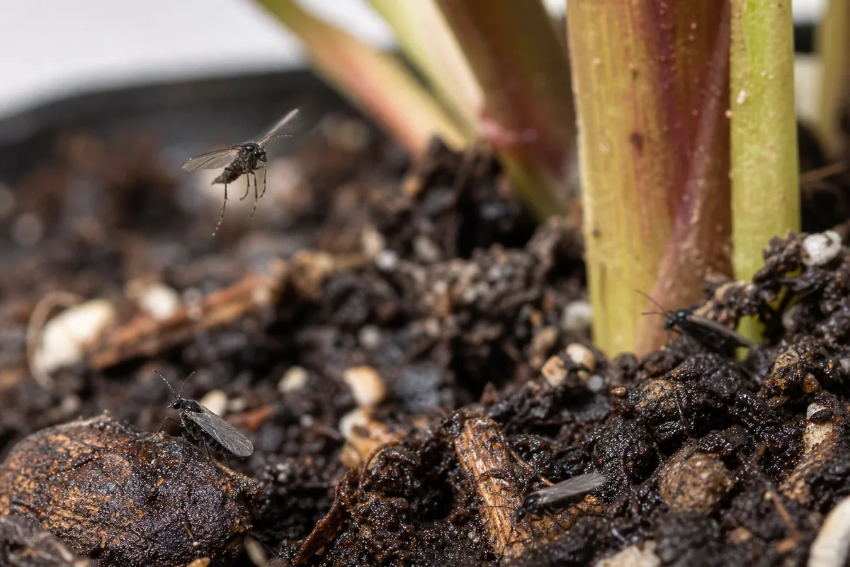 Close-up of Fungus Gnats on Prayer Plant - diagnostic detail