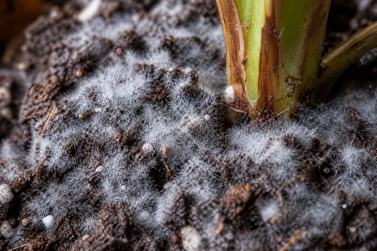 Close-up of Mold on Soil on Prayer Plant - diagnostic detail