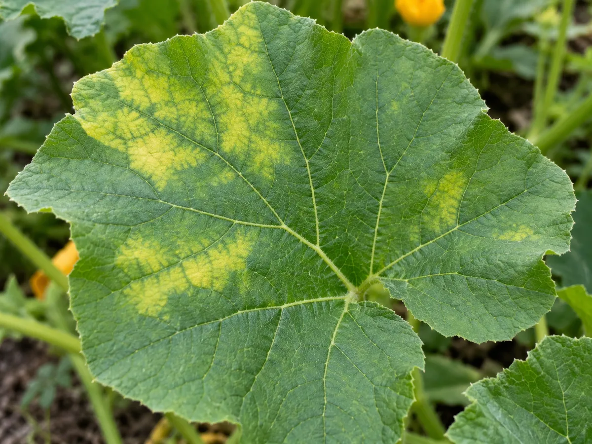 Close view of yellow patches between pumpkin-leaf veins for pattern inspection