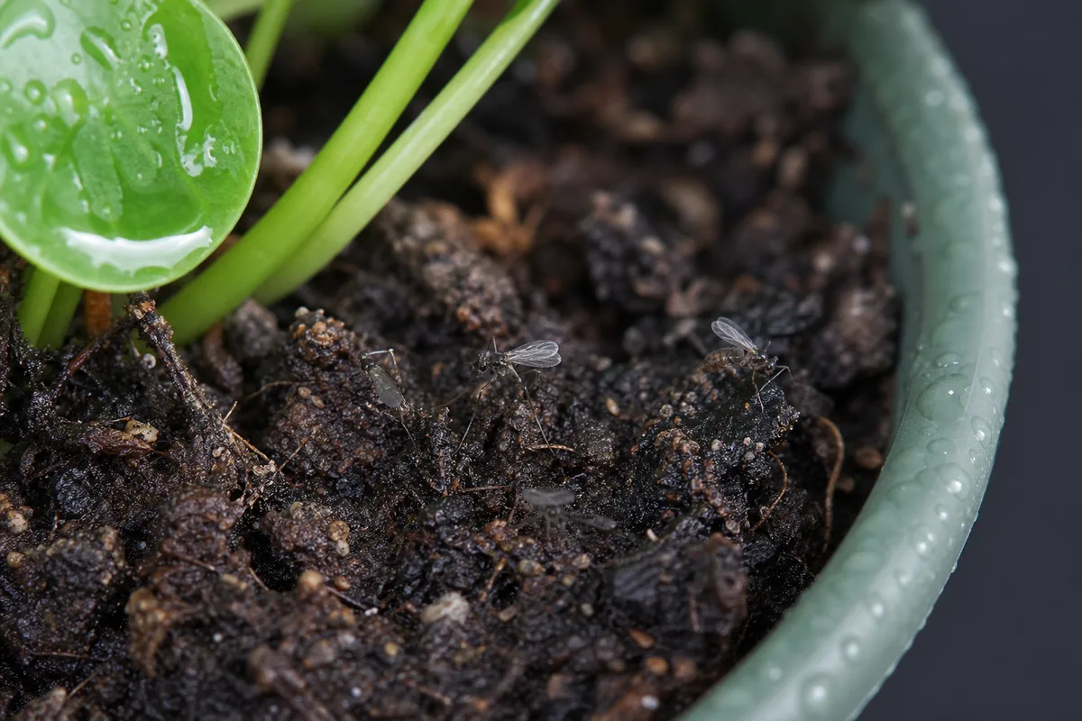 Close-up of Fungus Gnats on Raindrop Peperomia - diagnostic detail