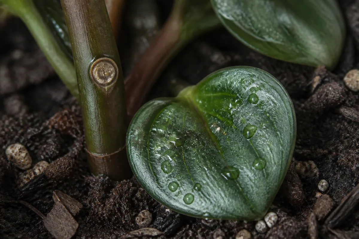Close-up of Leaf Drop on Raindrop Peperomia - diagnostic detail