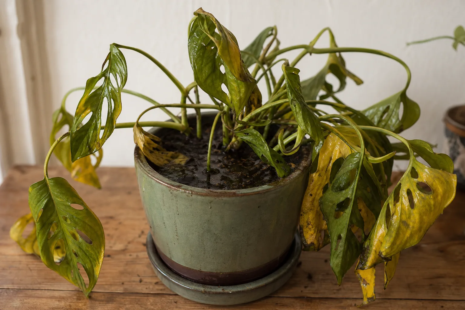 Overwatering on Rhaphidophora Tetrasperma - visible symptom on the plant