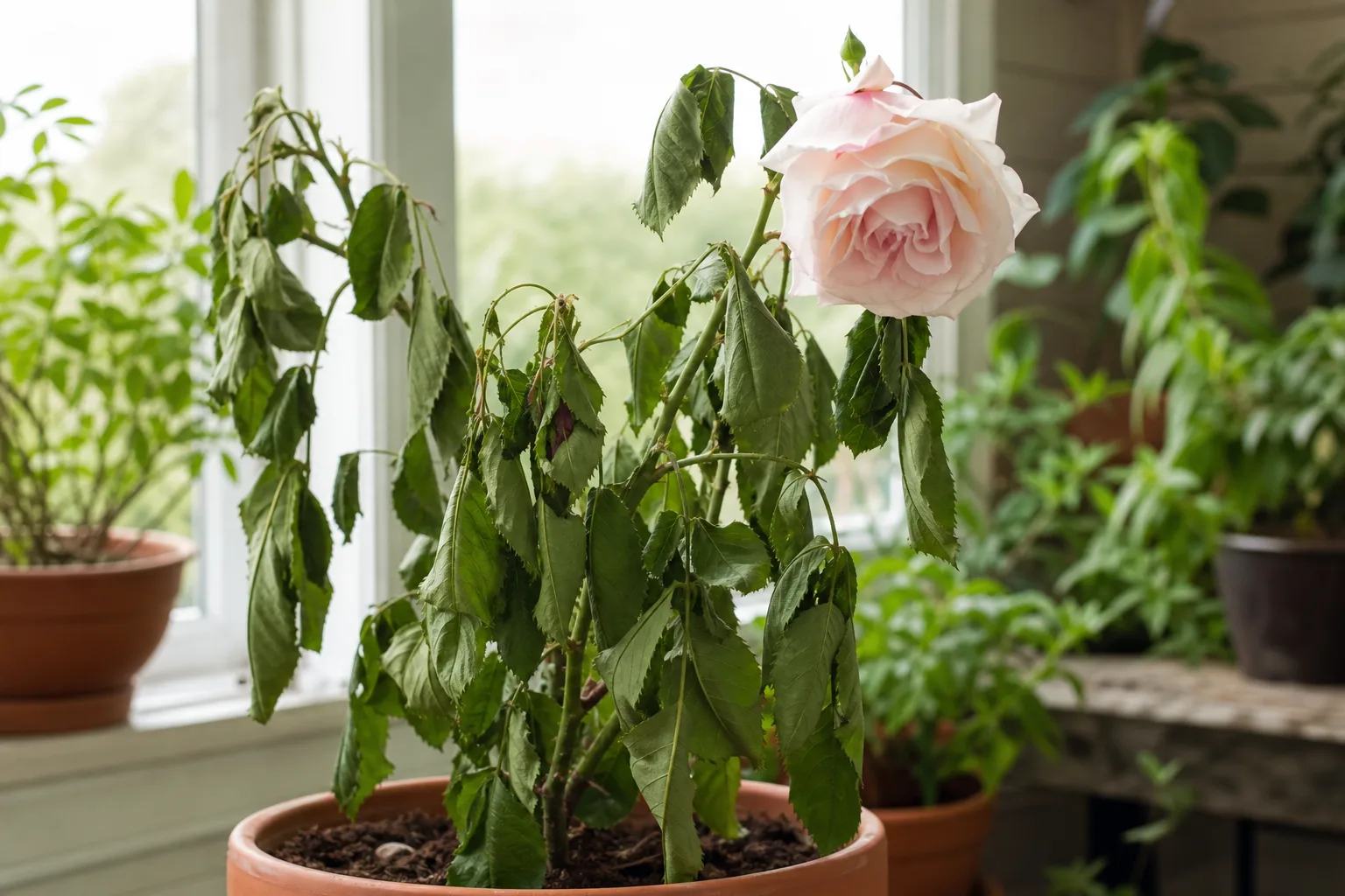 Drooping Leaves on Rose - visible symptom on the plant
