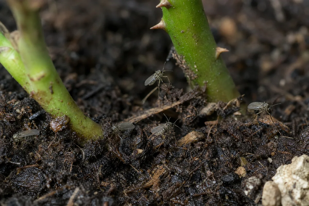 Close-up of Fungus Gnats on Rose - diagnostic detail