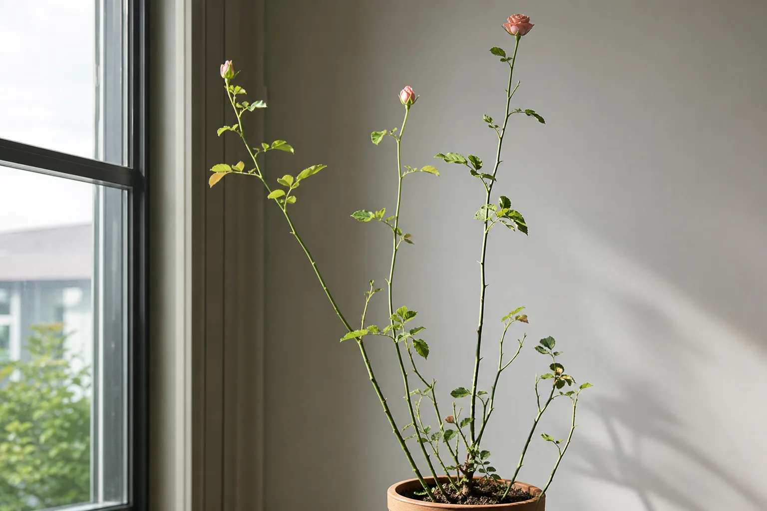 Leggy elongated rose stems after prolonged low indoor light
