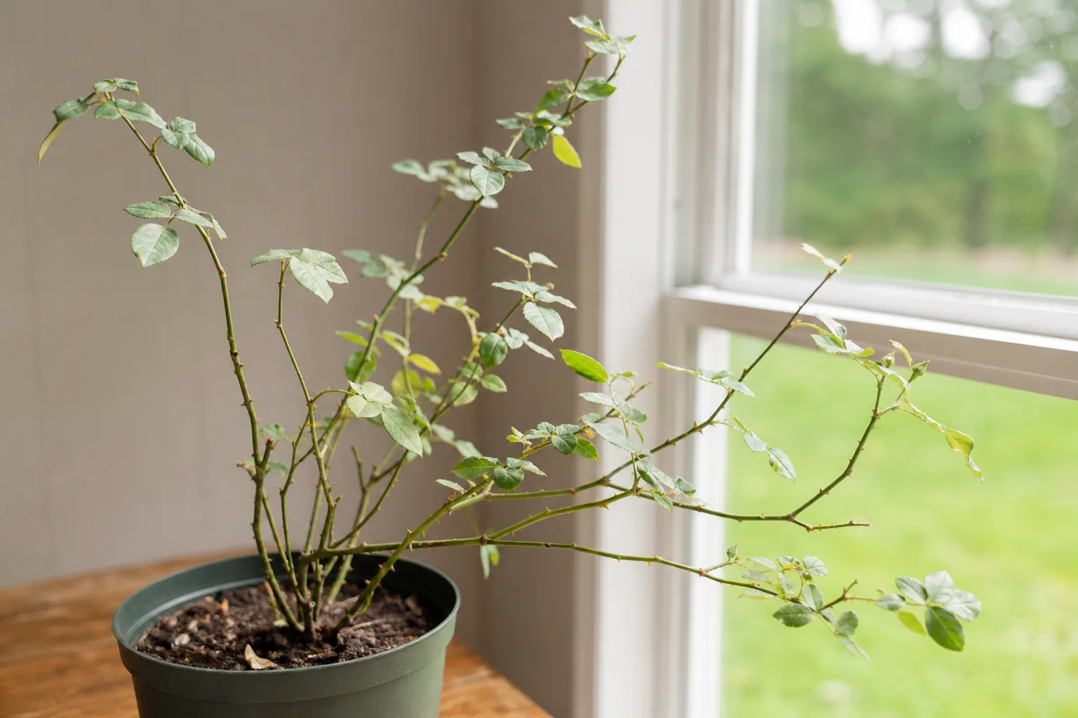 Stretched rose growth from insufficient direct sun on an indoor or shaded plant