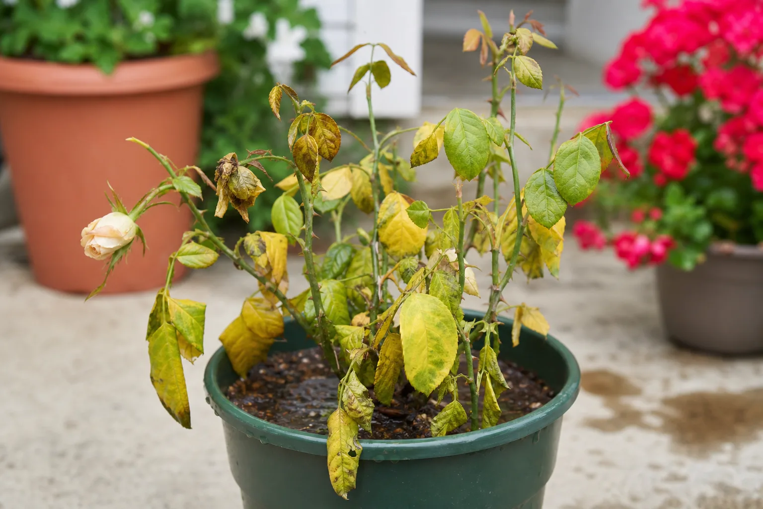 Yellow limp lower rose leaves from a persistently wet container mix