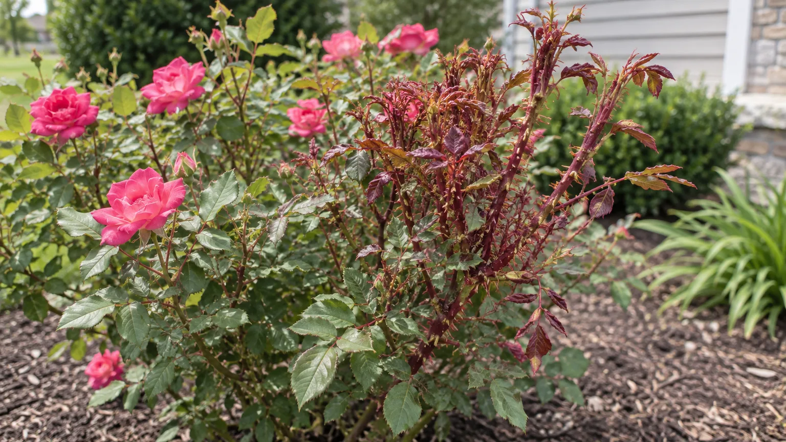 Rose bush with persistent red-purple shoots, distorted leaves, and excessive soft prickles from rose rosette disease