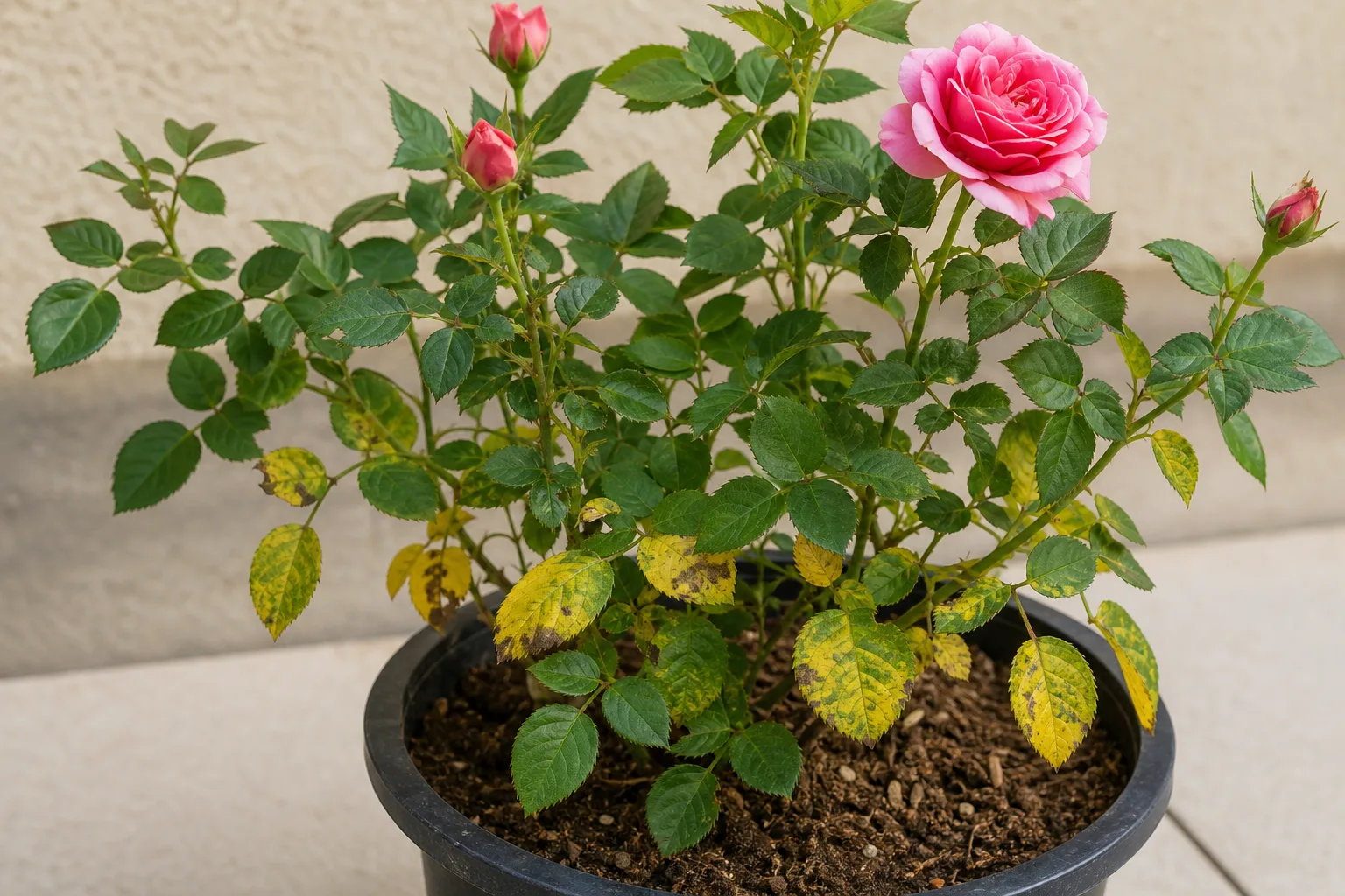 Yellow Leaves on Rose - visible symptom on the plant
