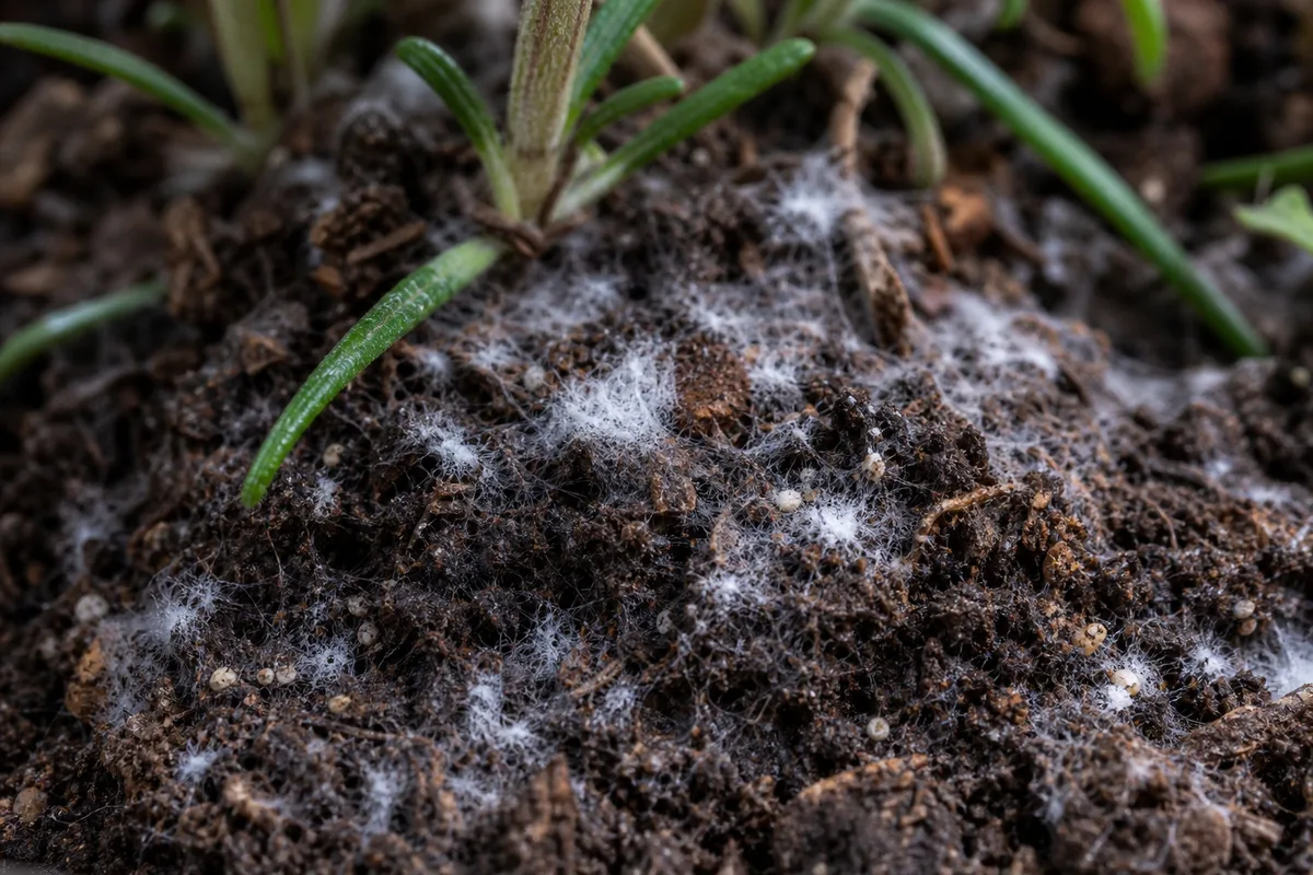 Close-up of Mold on Soil on Rosemary - diagnostic detail
