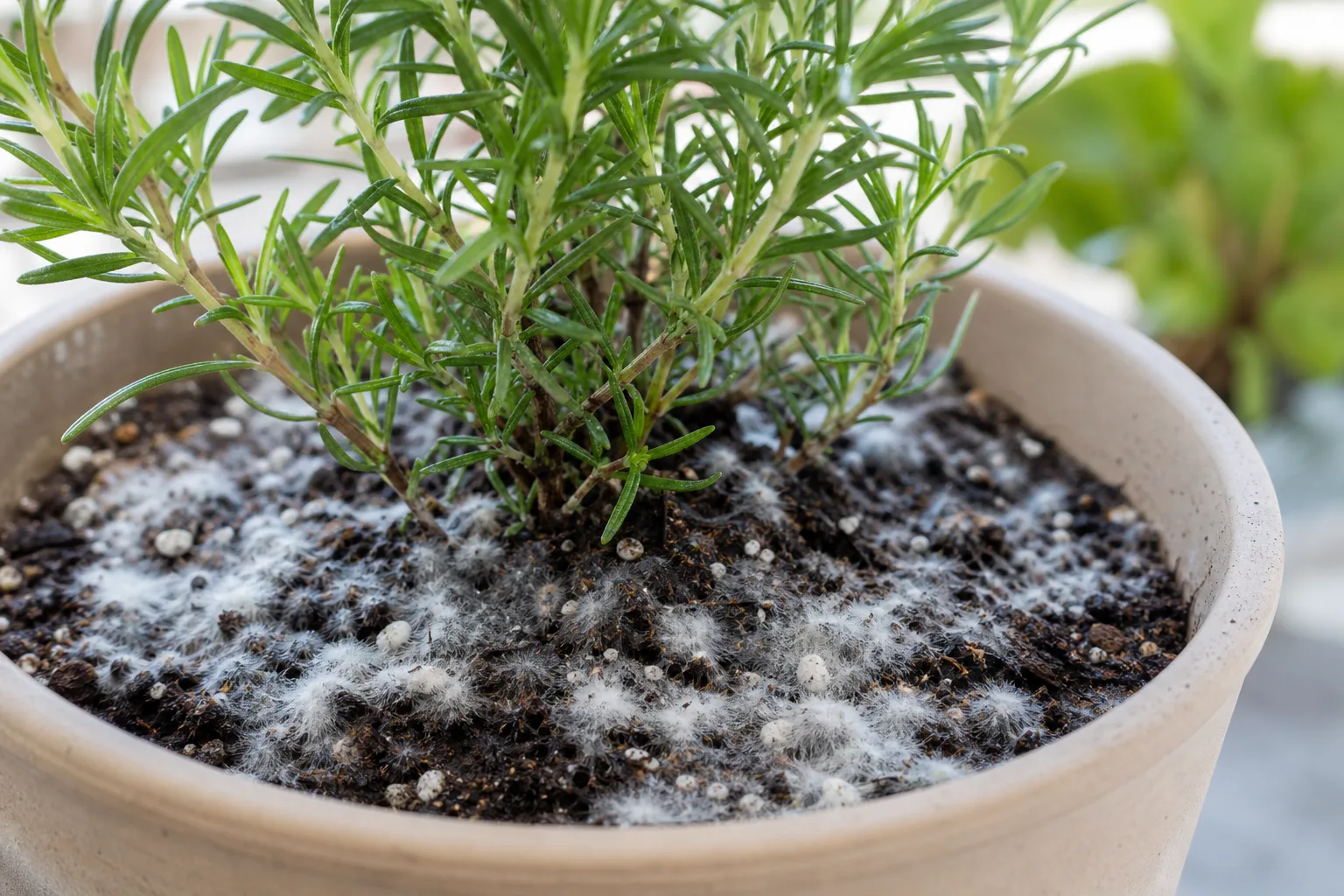 Mold on Soil on Rosemary - visible symptom on the plant