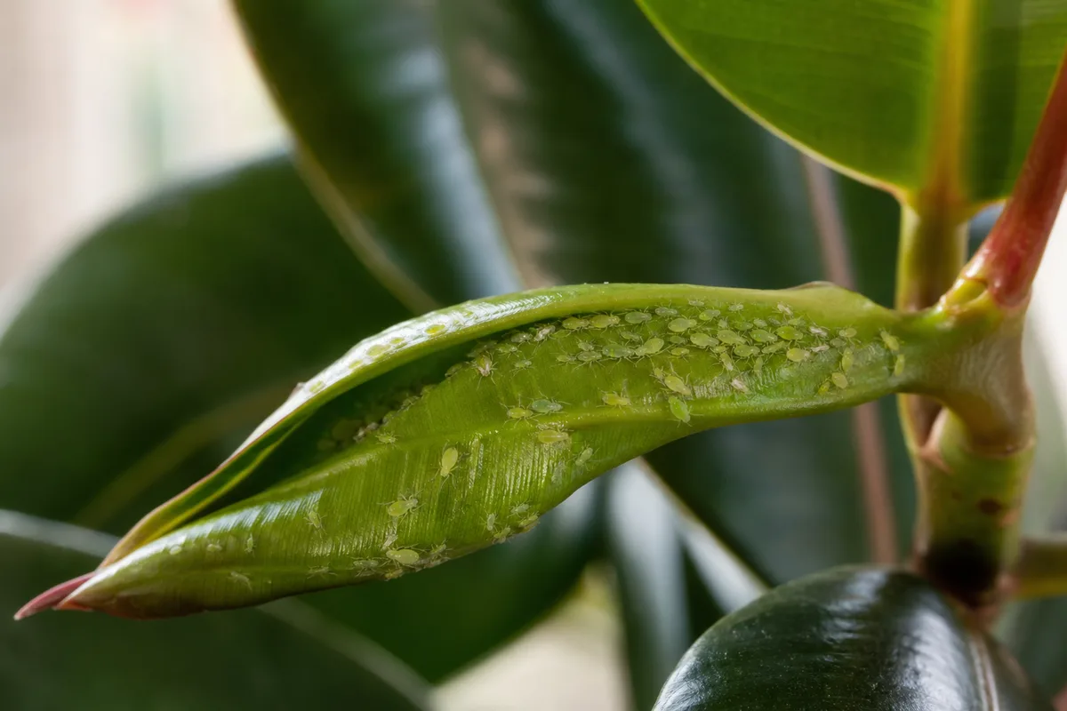 Close-up of Aphids on Rubber Plant - diagnostic detail