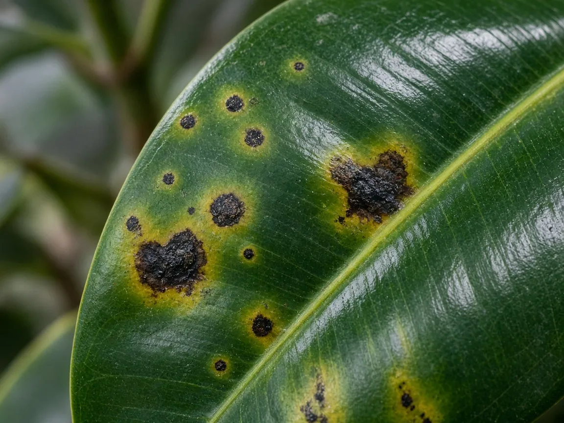 Close-up of black spots on rubber plant - diagnostic detail
