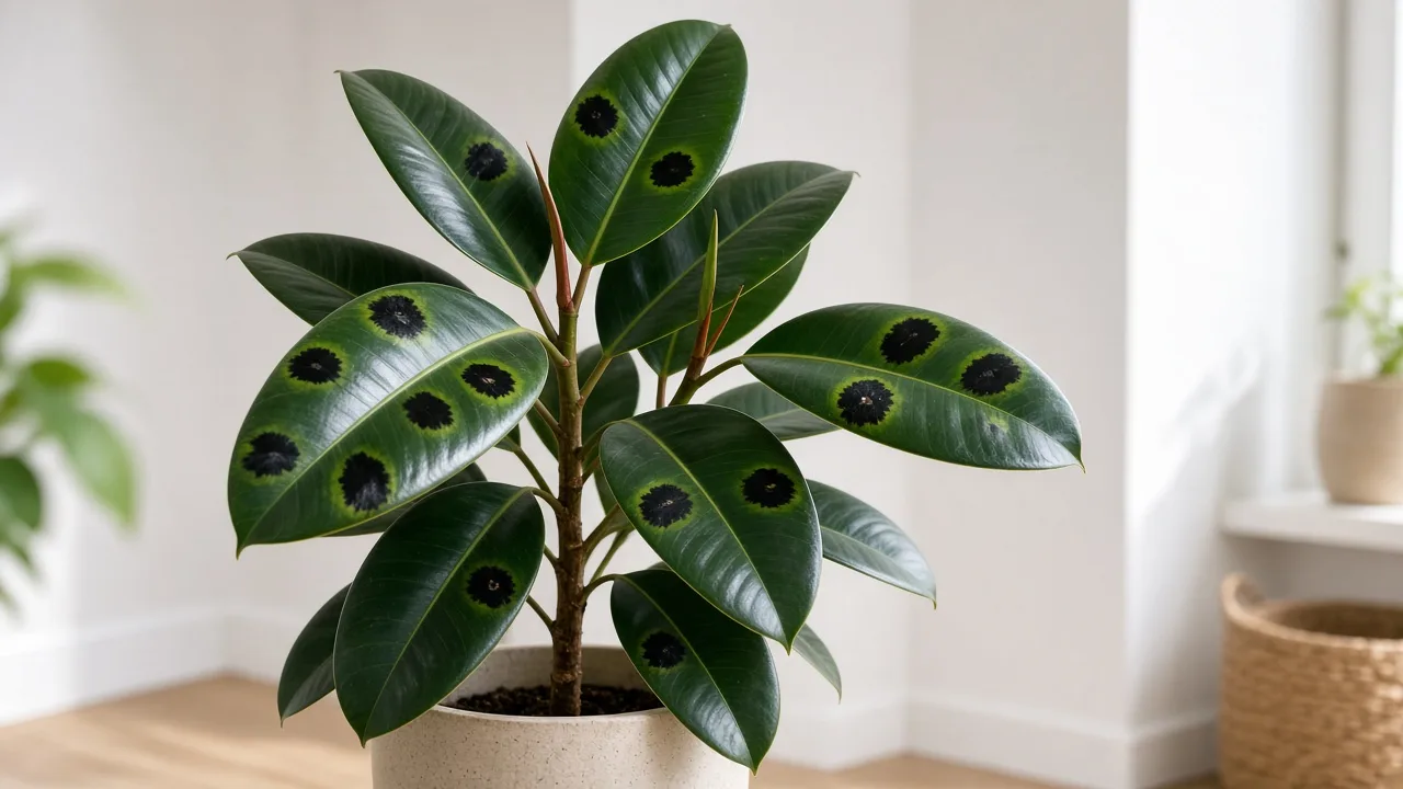 Black spots on rubber plant - dark lesions on thick glossy Ficus elastica leaves