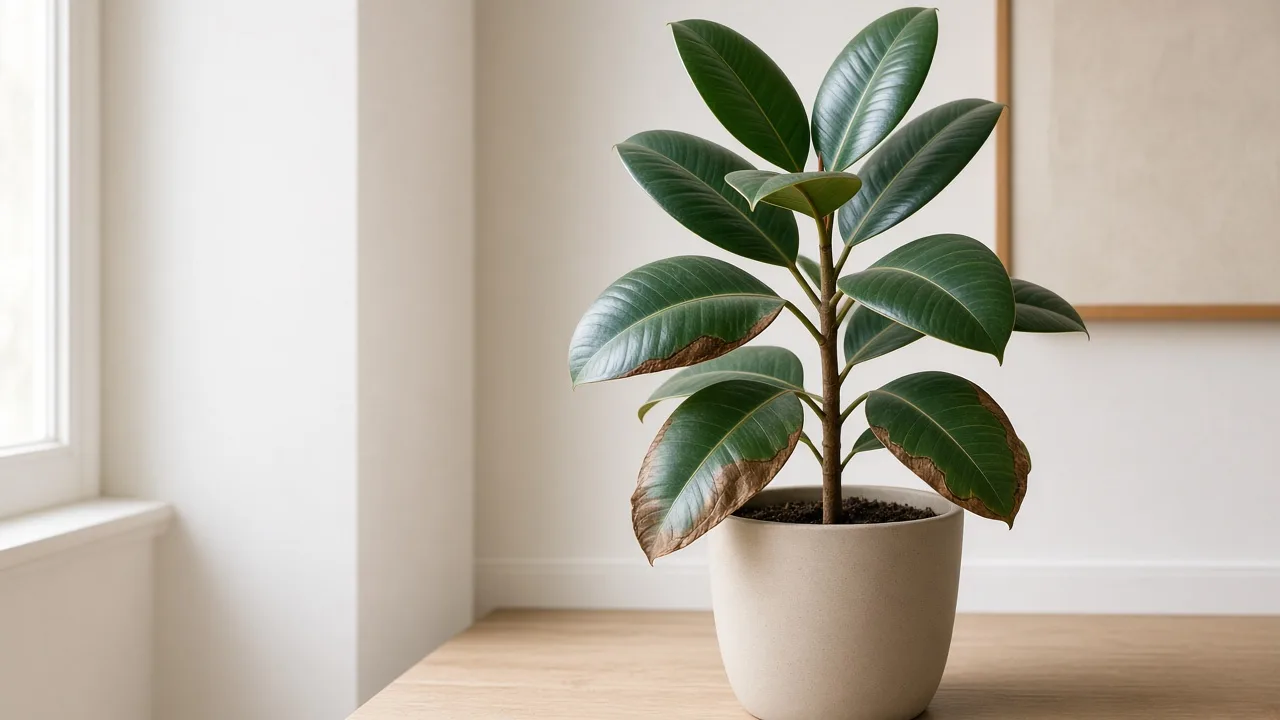 Brown Leaves on Rubber Plant - visible symptom on the plant