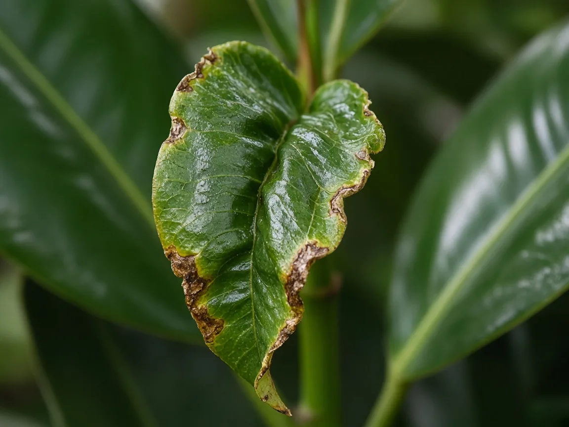 Close-up of calcium deficiency on rubber plant - crinkled new oval leaf at stem tip