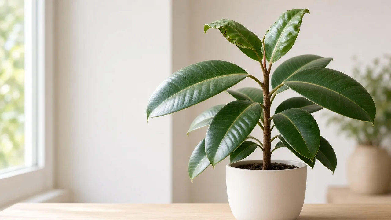 Calcium deficiency on rubber plant - cupped new oval leaf at woody stem tip