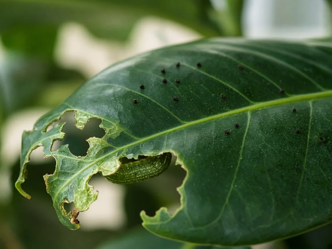 Close-up of caterpillar damage on Rubber Plant - ragged chew holes and frass on glossy leaf