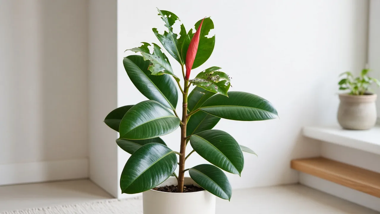 Caterpillars on Rubber Plant - ragged chew holes on glossy Ficus elastica foliage