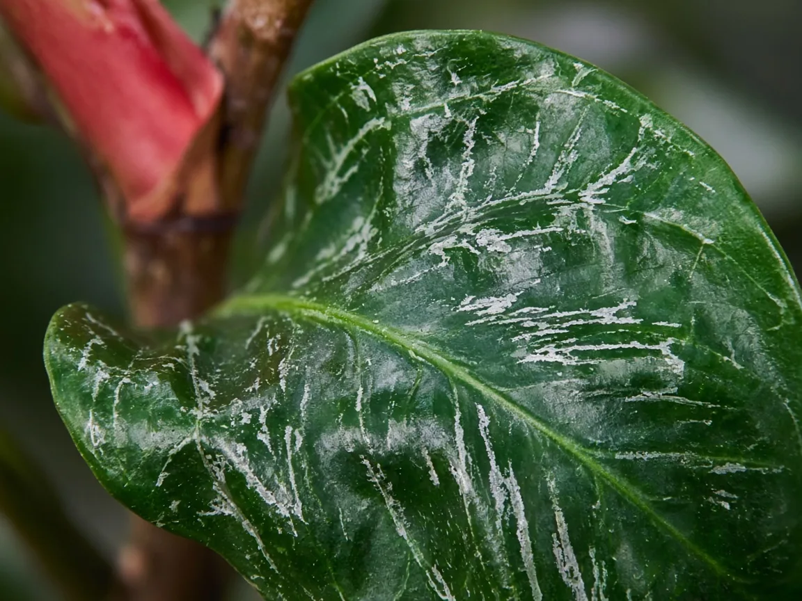 Close-up of distorted leaves on Rubber Plant showing puckered glossy blade with silvery streaking near a red sheath