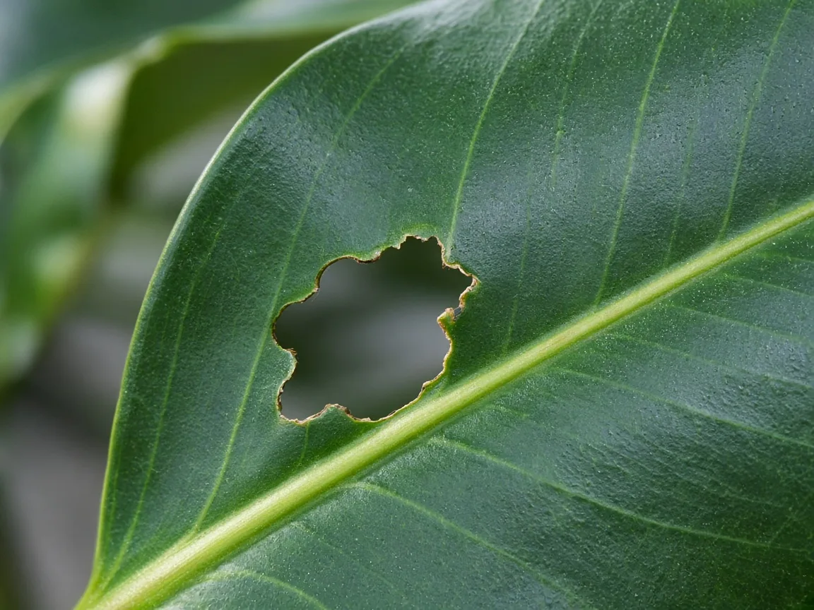 Close-up of holes in leaves on Rubber Plant - diagnostic detail