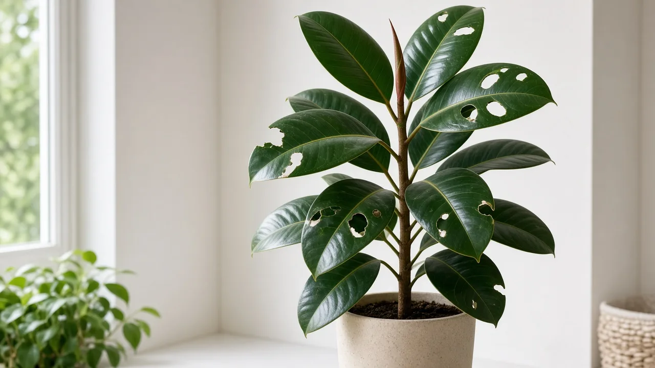 Holes in Leaves on Rubber Plant - irregular chew damage on glossy Ficus elastica foliage