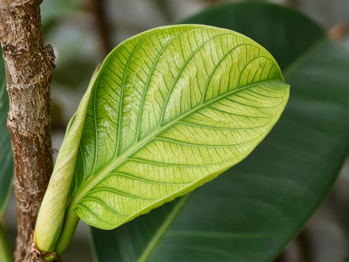 Close-up of iron deficiency on rubber plant - interveinal chlorosis on new oval leaf with green veins