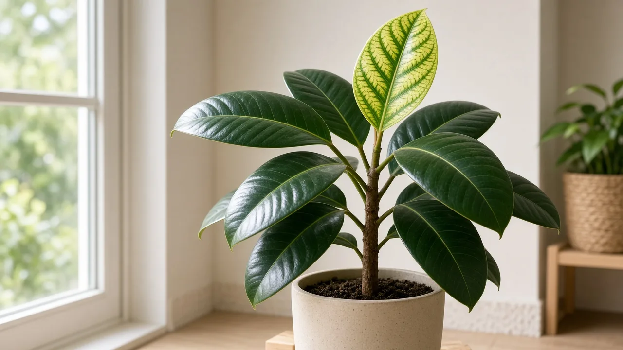 Iron deficiency on rubber plant - yellow new oval leaf with green veins at stem tip