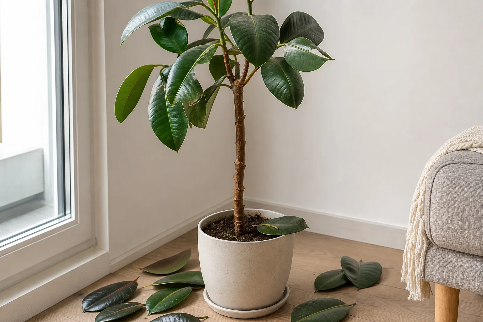 Leaf Drop on Rubber Plant - visible symptom on the plant