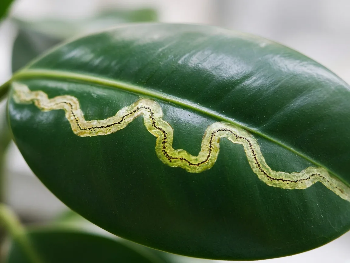 Close-up of leaf miner tunnels on Rubber Plant - pale serpentine mine visible when backlit through thick glossy Ficus elastica leaf
