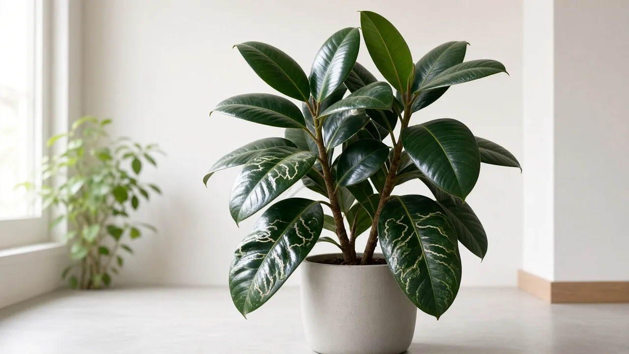 Leaf Miners on Rubber Plant - pale serpentine tunnels visible on thick glossy Ficus elastica foliage