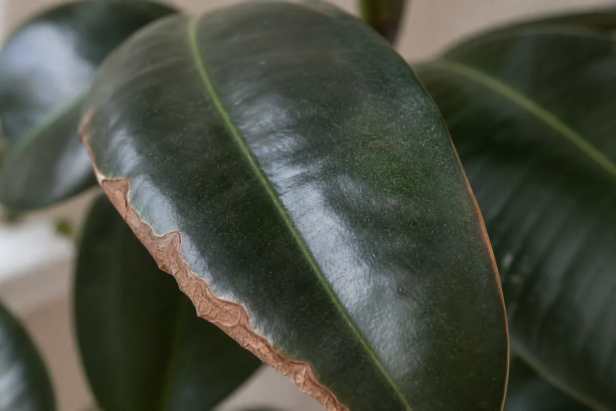 Close-up of Low Humidity on Rubber Plant - diagnostic detail