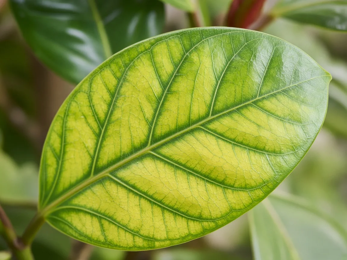 Close-up of magnesium deficiency on rubber plant - interveinal chlorosis on older glossy oval leaf