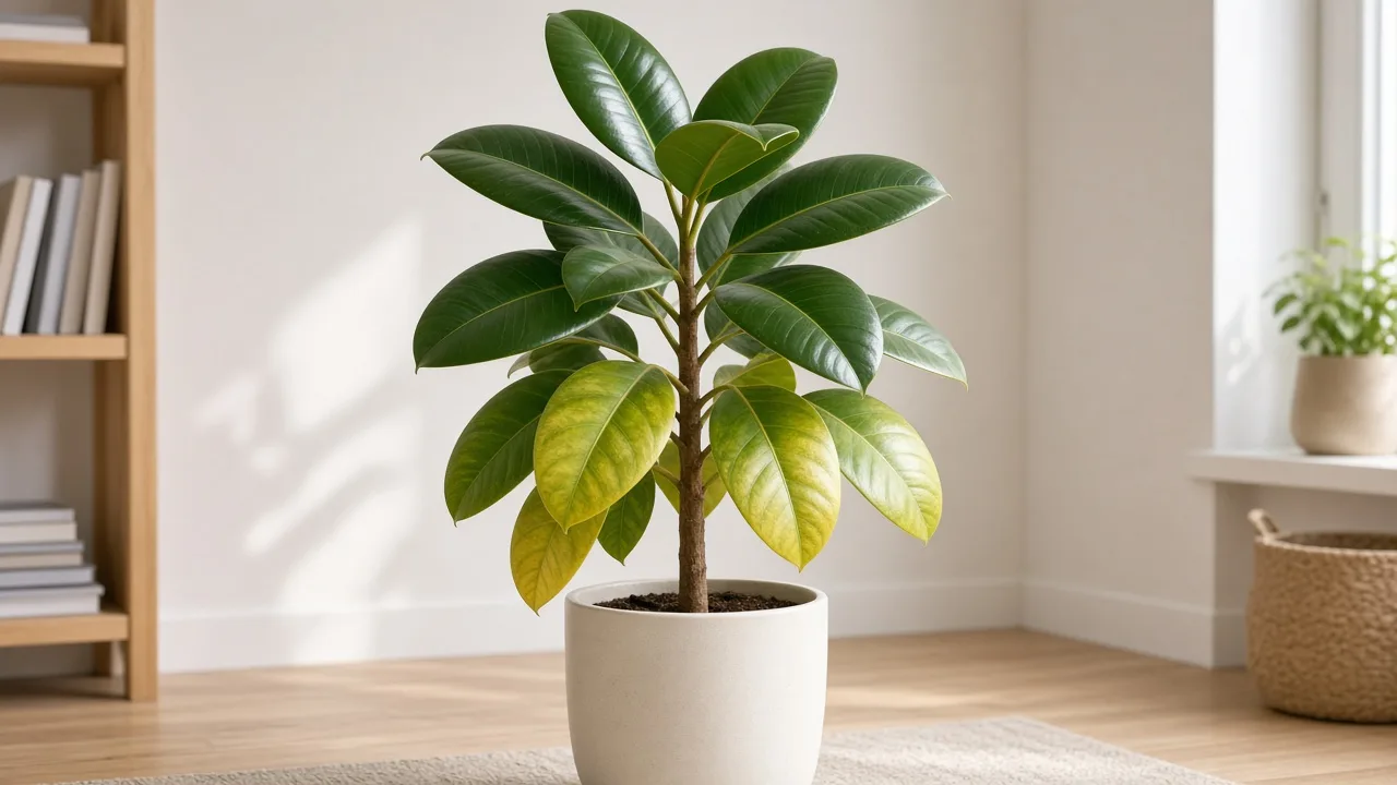 Nitrogen deficiency on rubber plant - pale lower oval leaves on upright woody stem