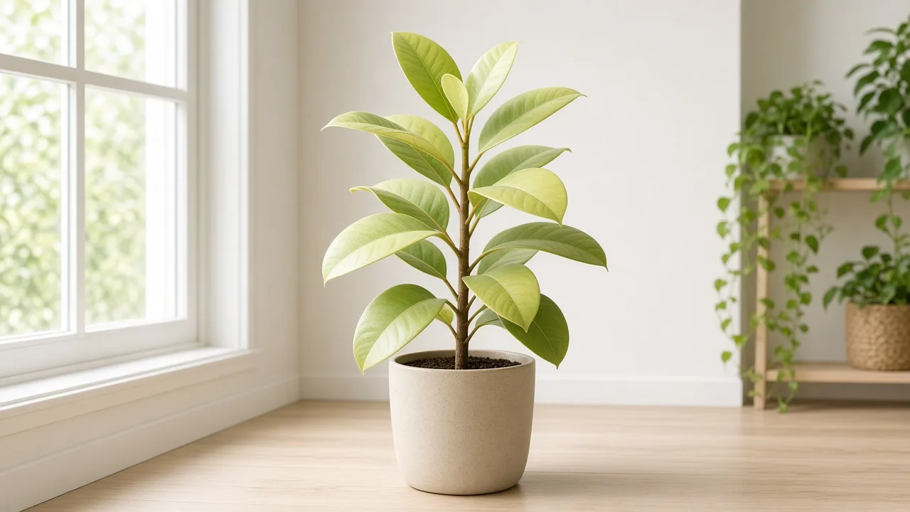 Pale Leaves on Rubber Plant - washed-out foliage on upright Ficus elastica