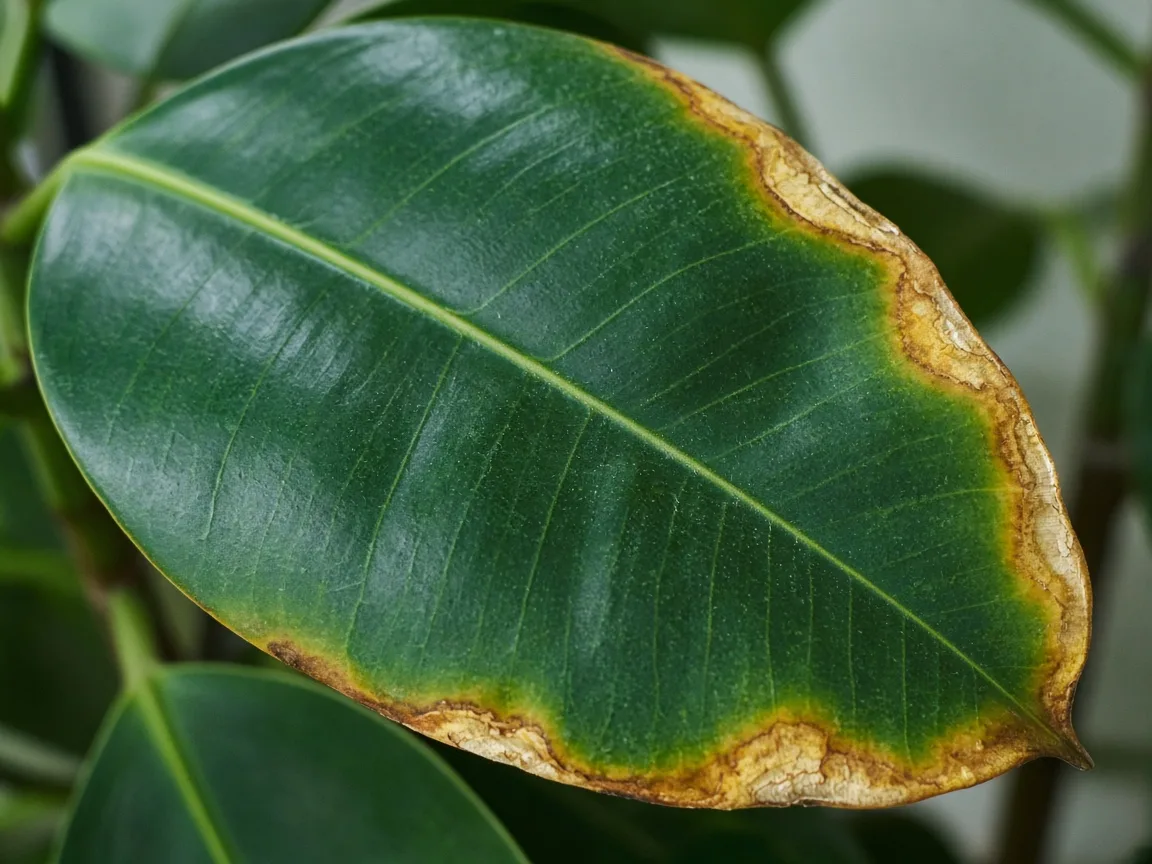 Close-up of potassium deficiency on rubber plant - scorched margin on large glossy oval leaf