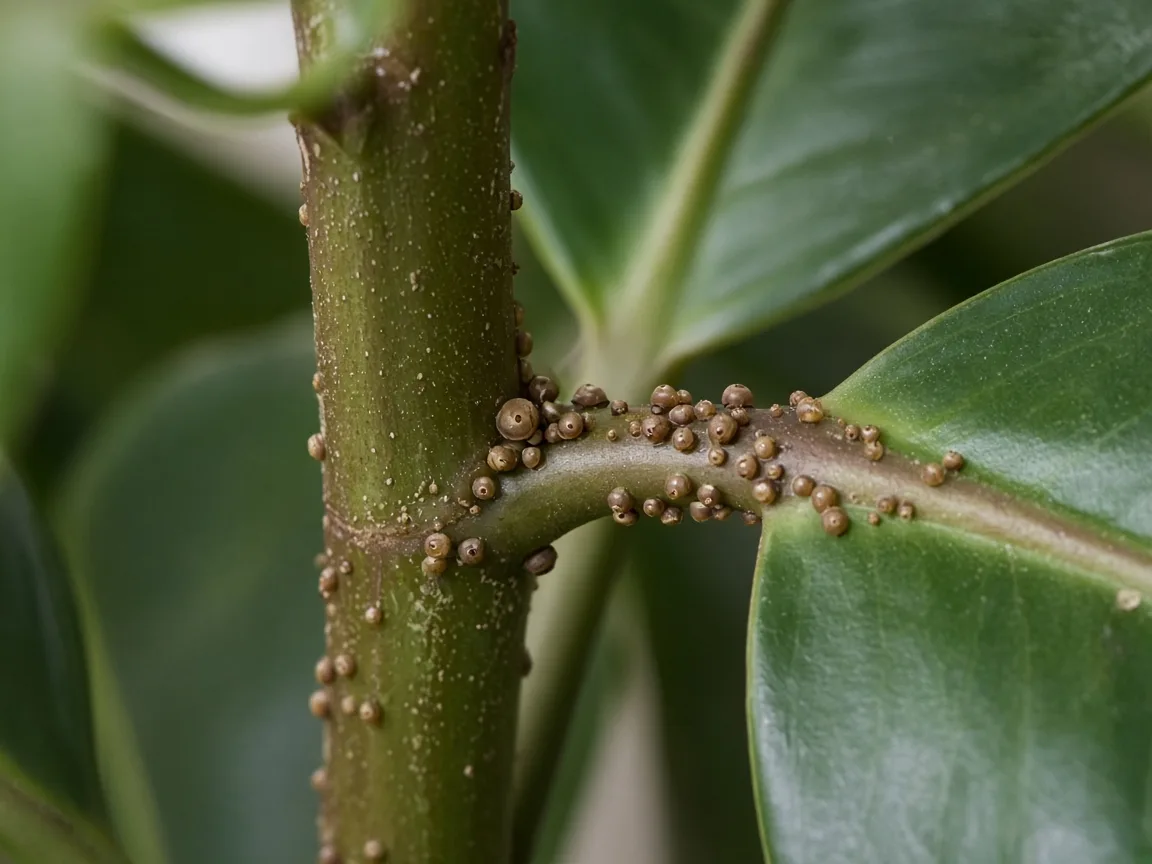 Close-up of scale insects on rubber plant - diagnostic detail