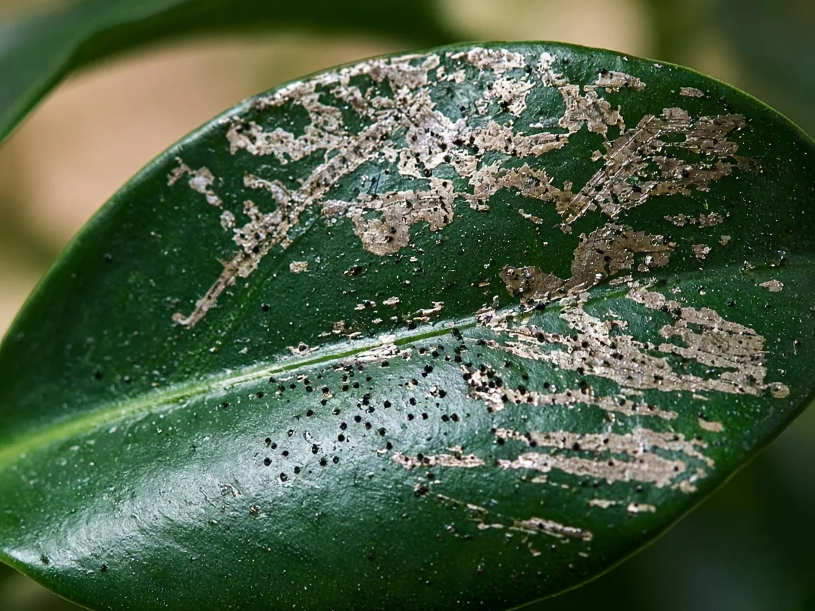 Close-up of thrips damage on Rubber Plant - silvery streaks on a glossy leaf with black frass specks