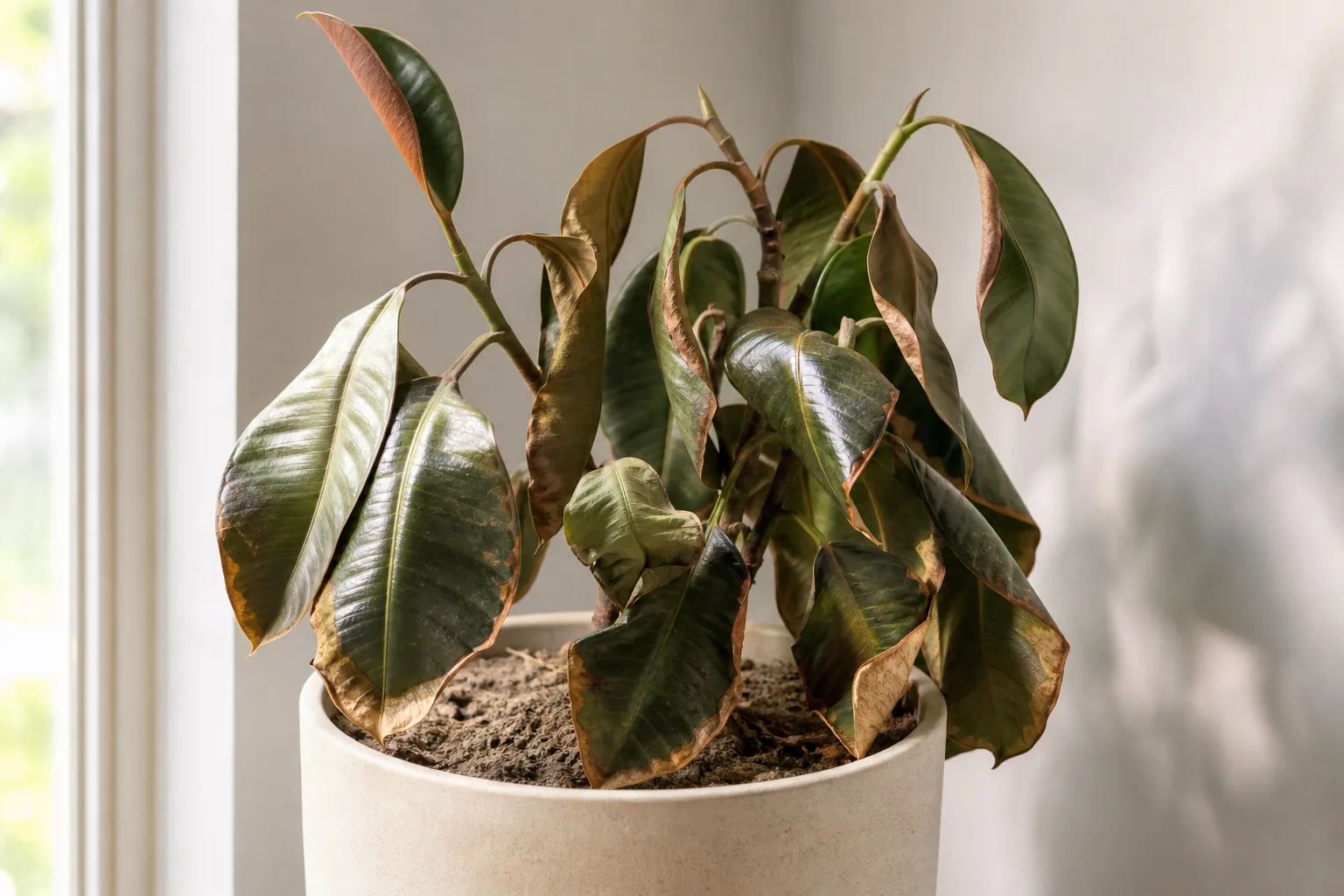 Underwatering on Rubber Plant - visible symptom on the plant