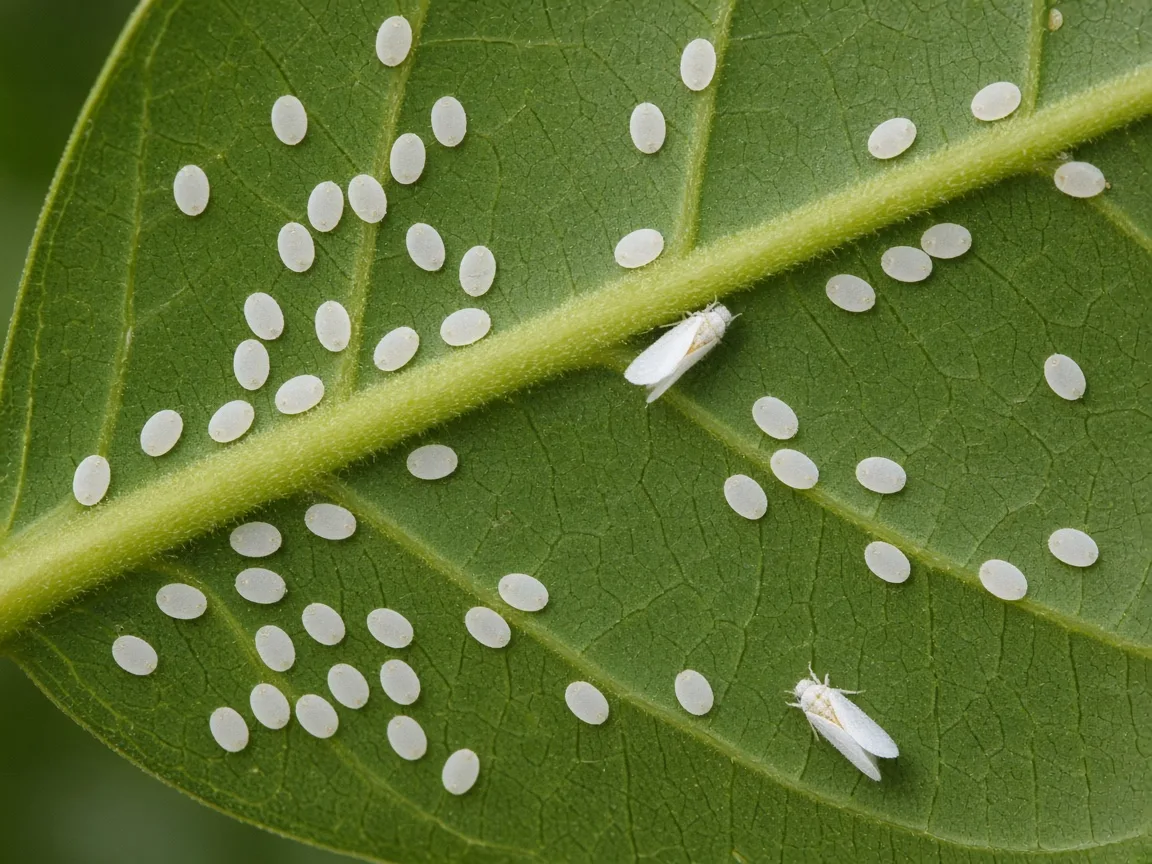 Close-up of Whiteflies on Rubber Plant - flat nymphs on glossy leaf underside