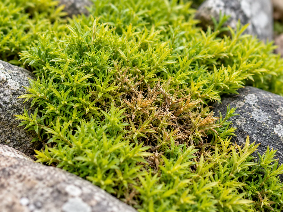 Small tan-brown patches in chartreuse Scotch moss among healthy foliage