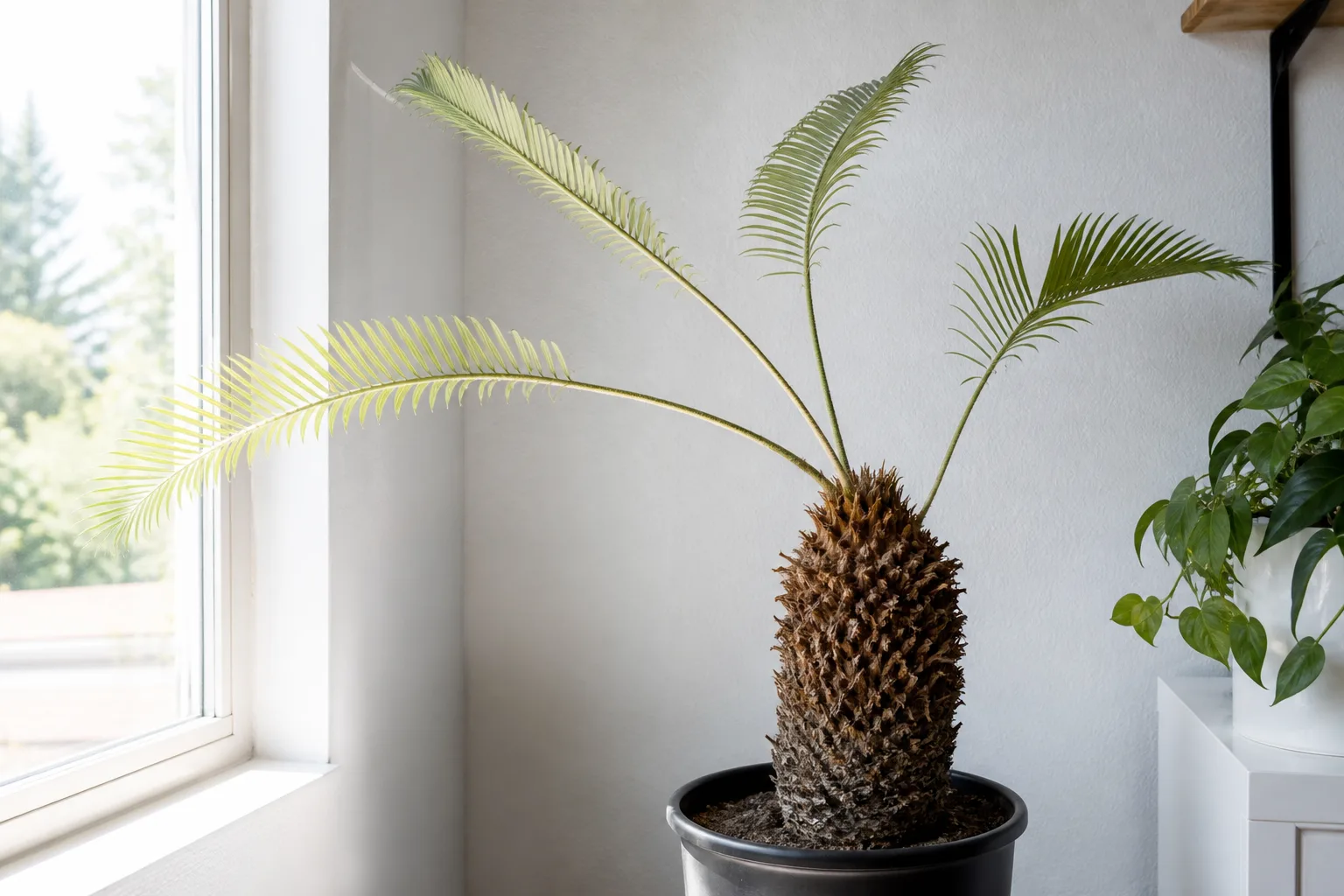 Leggy growth on Sago Palm - pale limp fronds on long thin petioles leaning toward the window