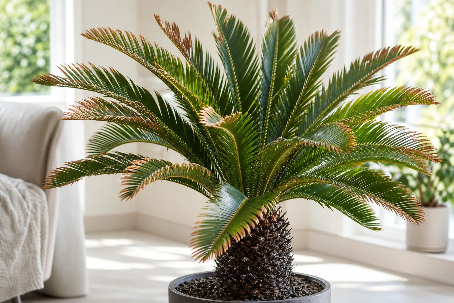 Low humidity on Sago Palm - crispy brown tips on stiff glossy fronds